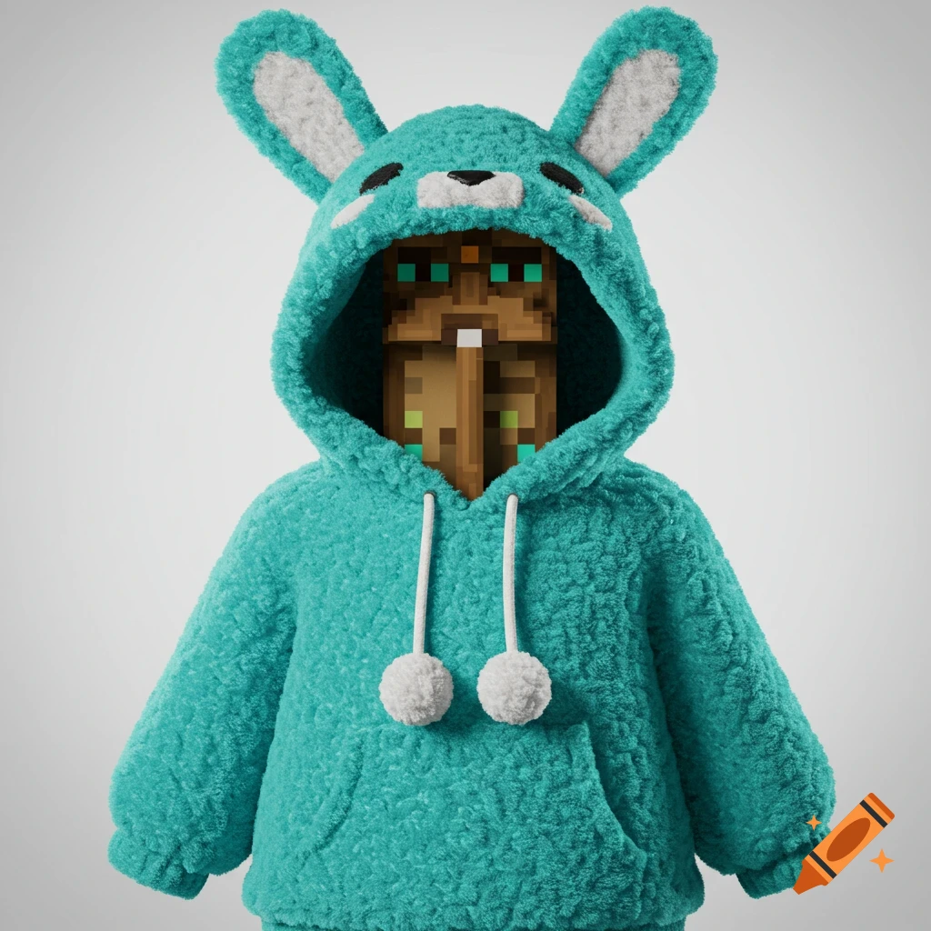 A blocky Minecraft totem of undying wears a fluffy teal bunny hoodie.