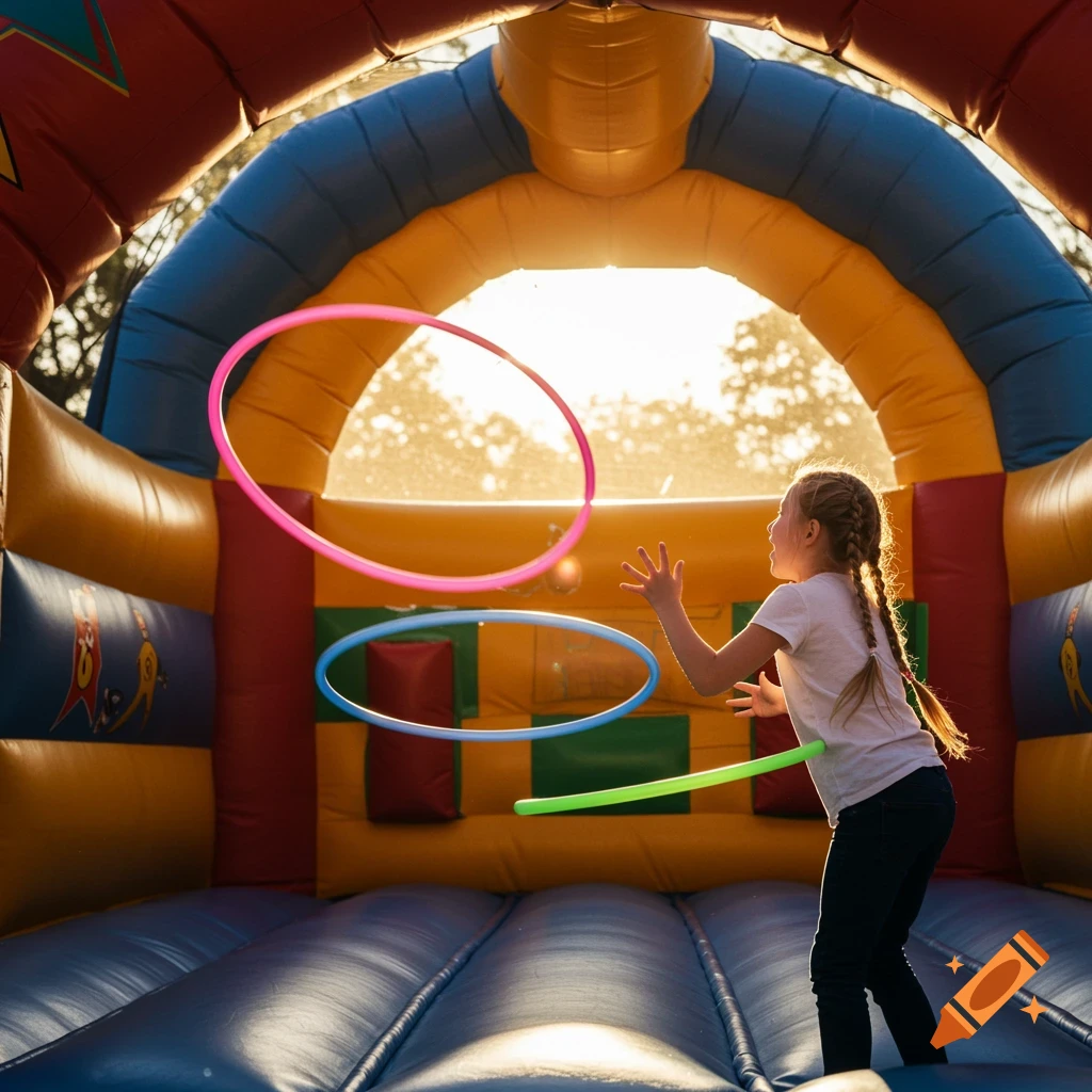 A girl throws hula hoops in a colorful bouncy castle at sunset.