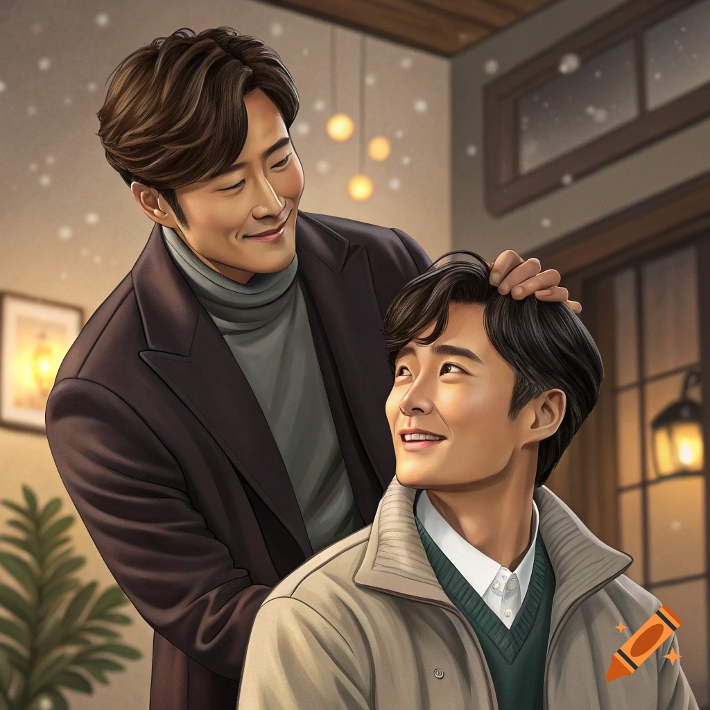 Digital illustration of one man smiling and patting the head of another man in a warm room with snow falling outside.