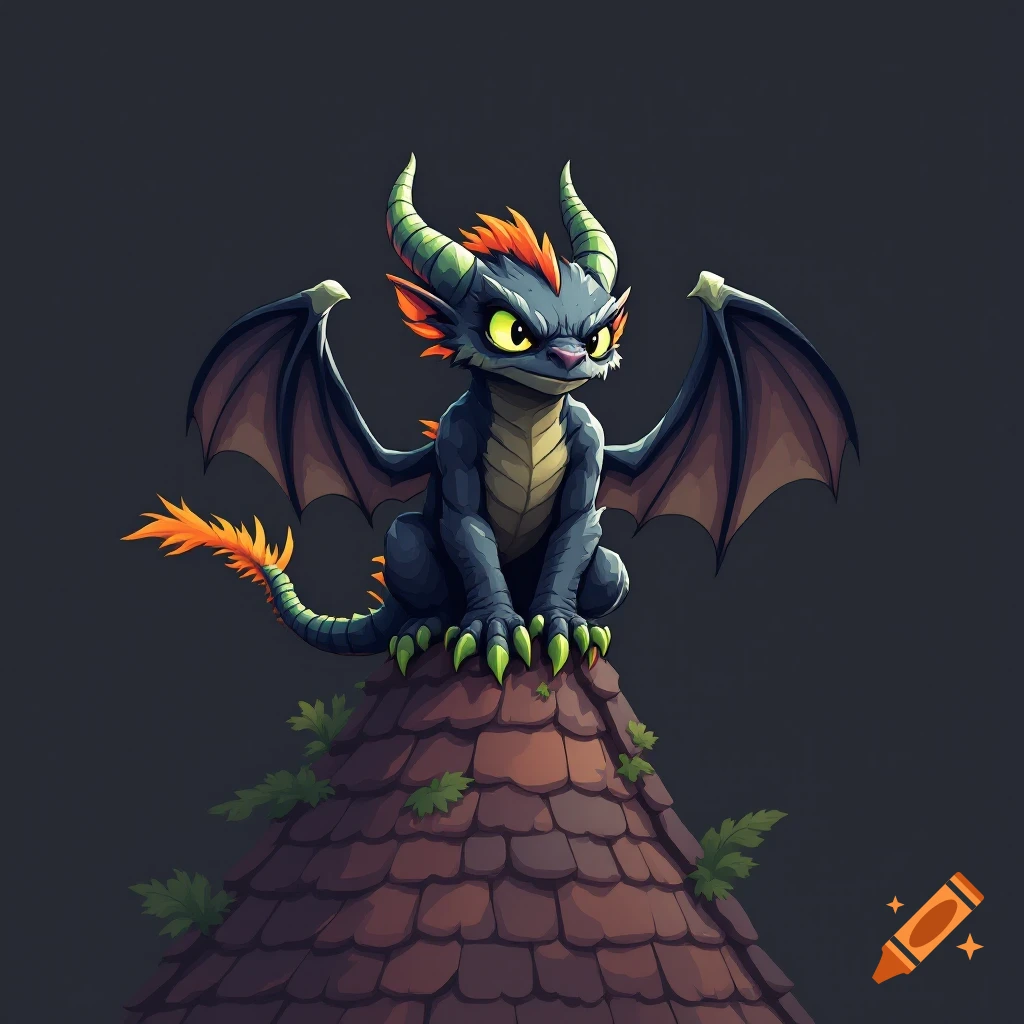 Cartoon dragon with green horns and orange highlights sitting on a tiled roof peak.