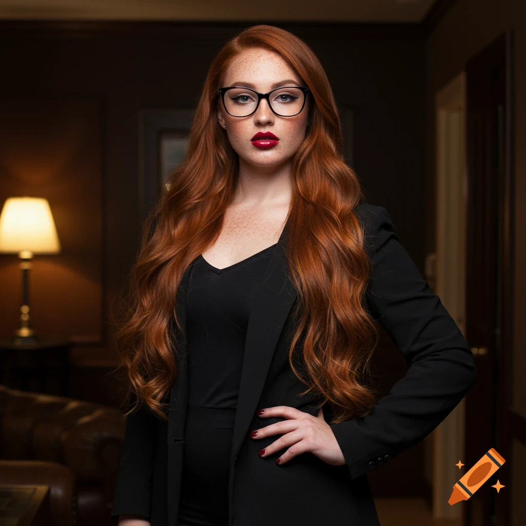 Photorealistic portrait of a young woman with long red hair and glasses wearing a black blazer indoors.