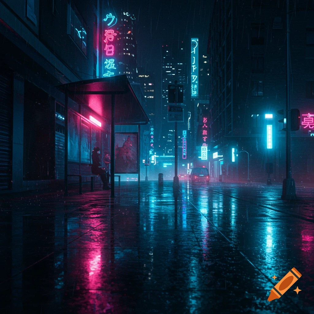 A rainy city street at night with neon signs reflected on the wet pavement.