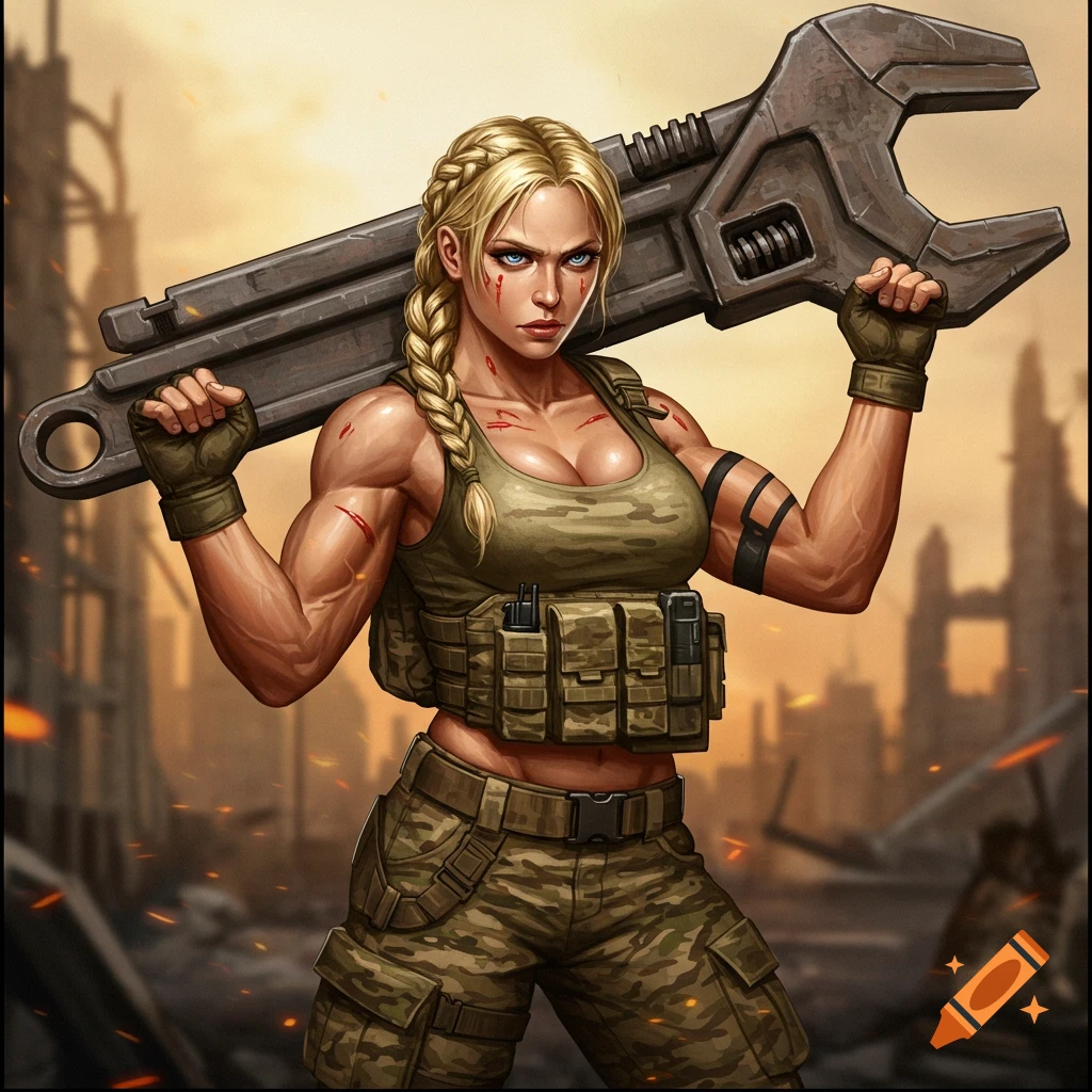 A muscular blonde female soldier in camo holds a large wrench over her shoulders in a ruined city.