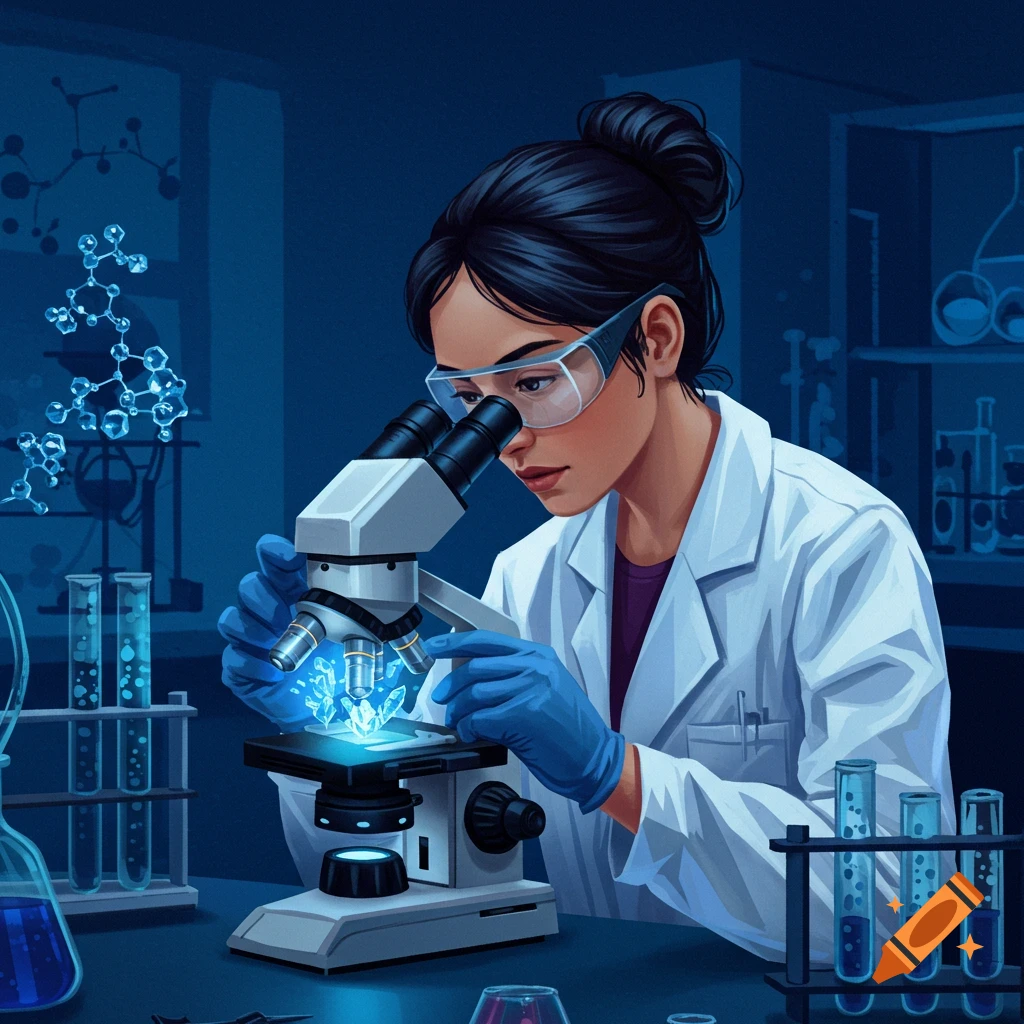 A female scientist looks into a microscope in a lab filled with intricate chemical structures.