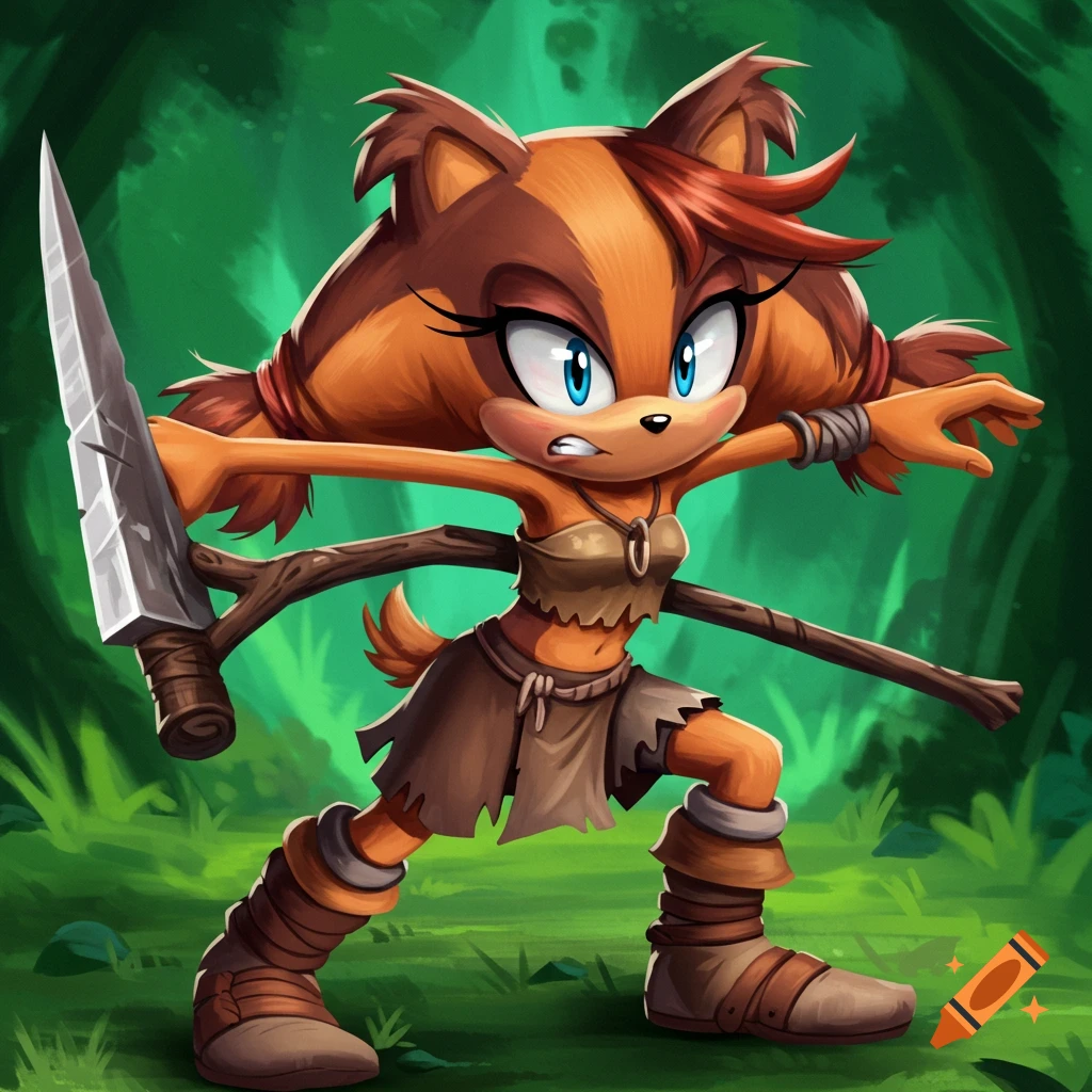 Sticks the Badger from Sonic holding a spear in a forest.