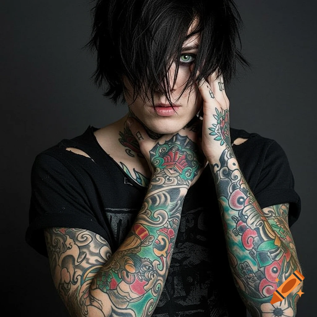 A person with black shaggy hair, green eyes, and extensive arm and hand tattoos.