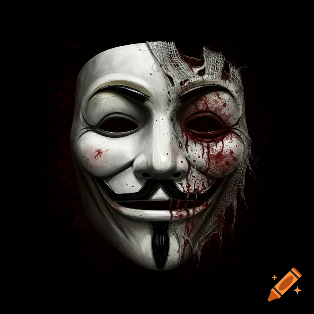 A damaged Guy Fawkes mask is covered in blood and gauze on a black background.