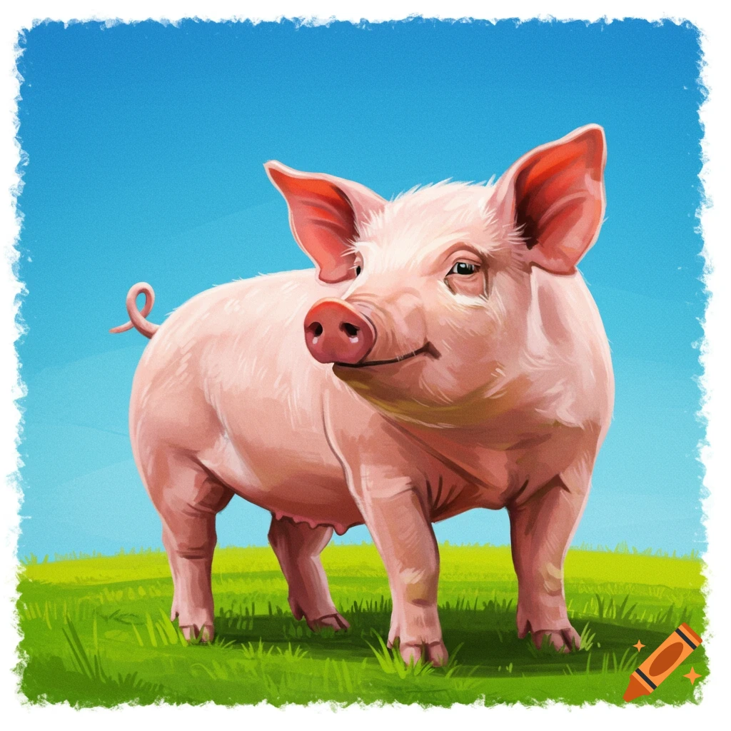 A pink pig is standing in a green field under a blue sky.
