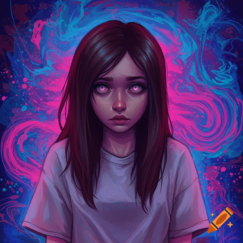 A young girl with dark hair and glowing pink eyes stands against a swirling background of blue and pink.