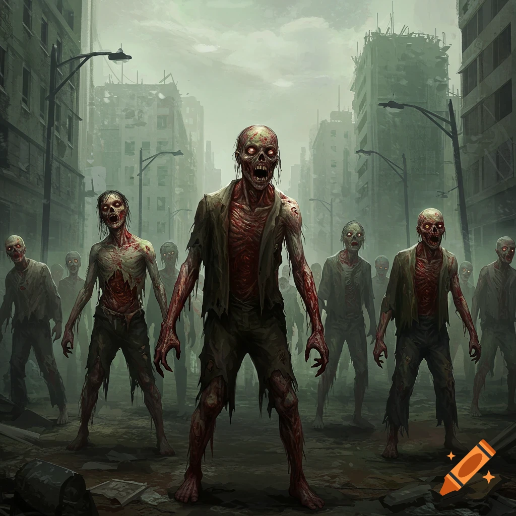 A horde of gruesome zombies walking through a ruined city.