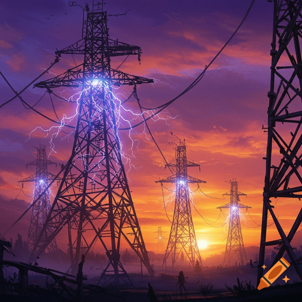 Power line towers sparking with electricity at sunset.