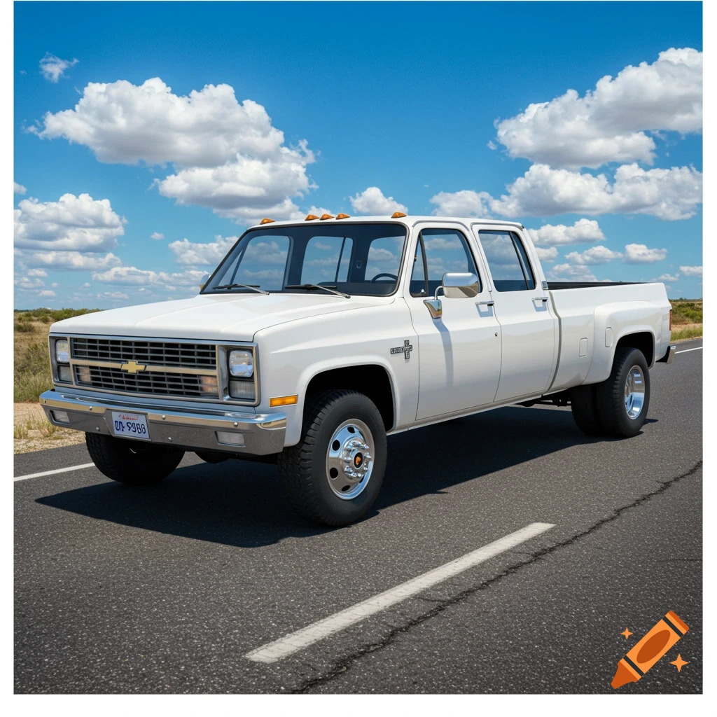 White 1984 Chevrolet dually pickup truck driving on a road under a cloudy blue sky