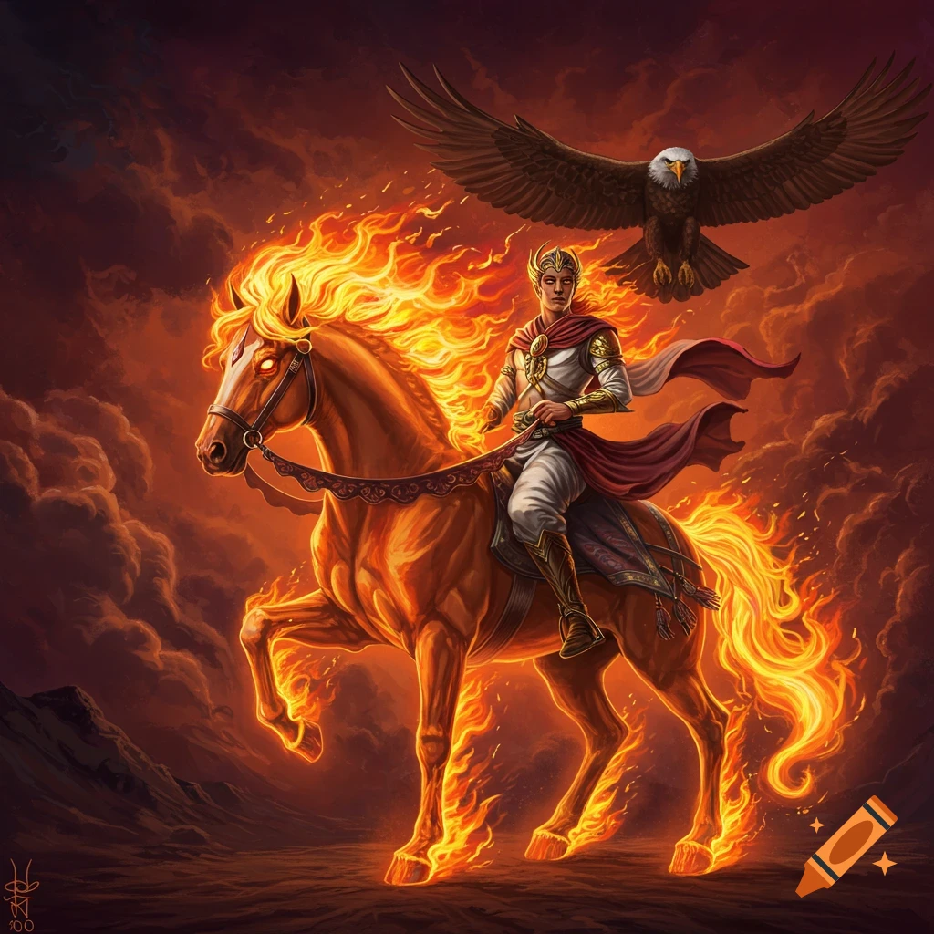A figure rides a horse ablaze, with an eagle soaring above against a dramatic sky.