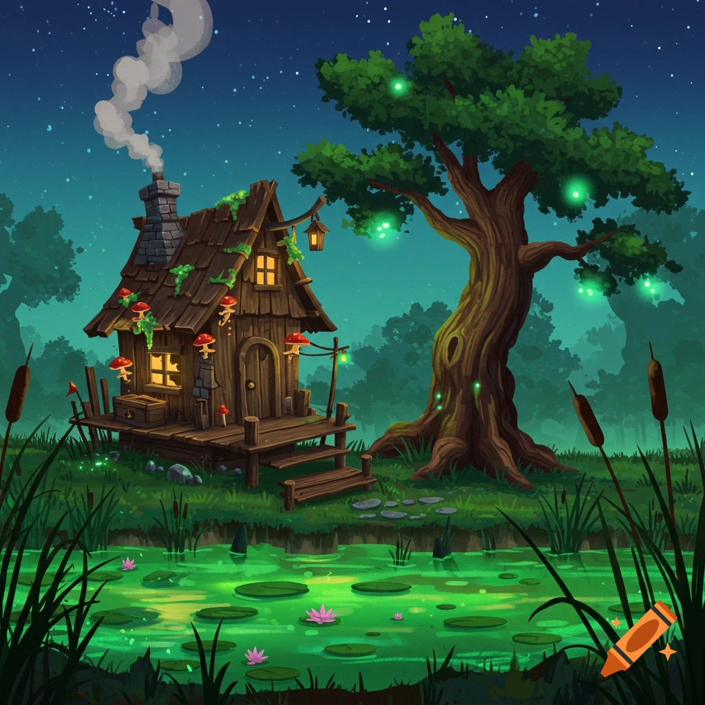 A fairytale hermit shack sits by a glowing tree on the edge of a starry swamp with lily pads and cattails.
