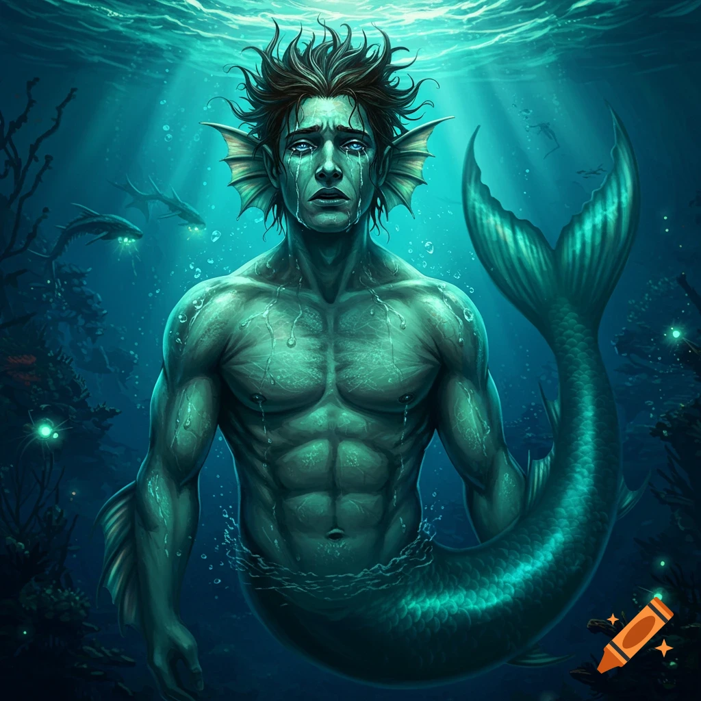A sad merman crying underwater with fish and coral in the background.