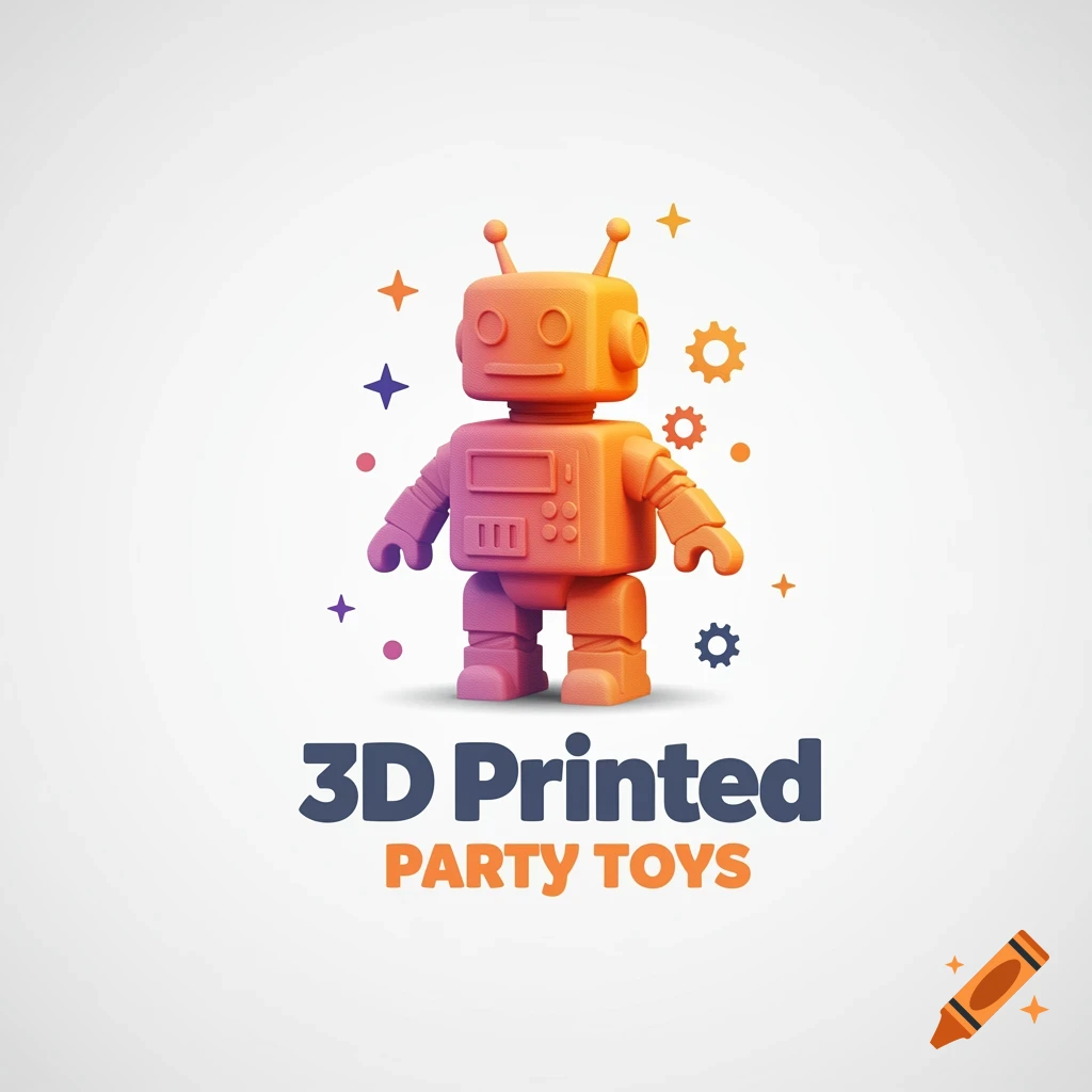 Logo with an orange and purple toy robot and the text '3D Printed Party Toys'.