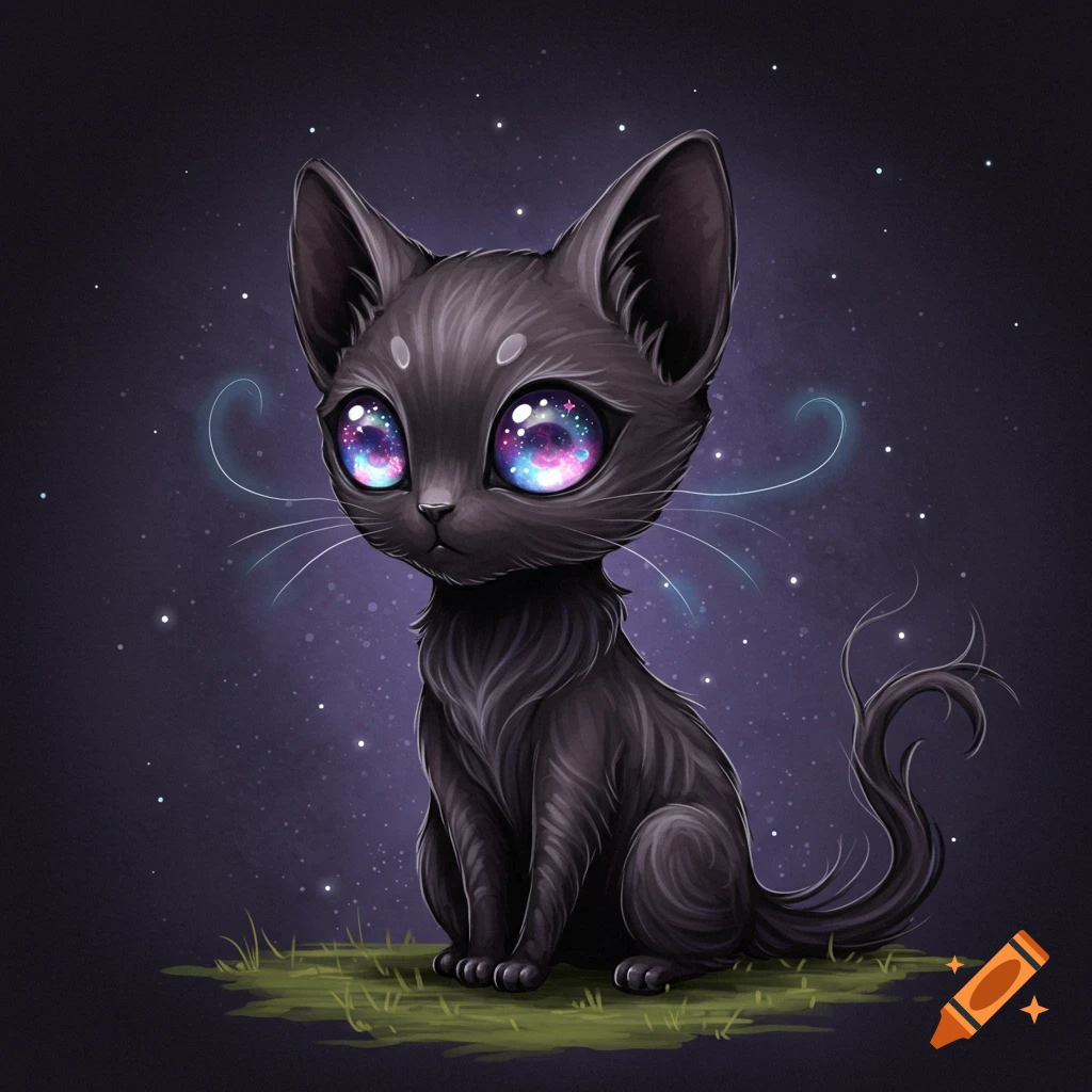 A black cat with galaxy eyes sits in grass under a starry sky.