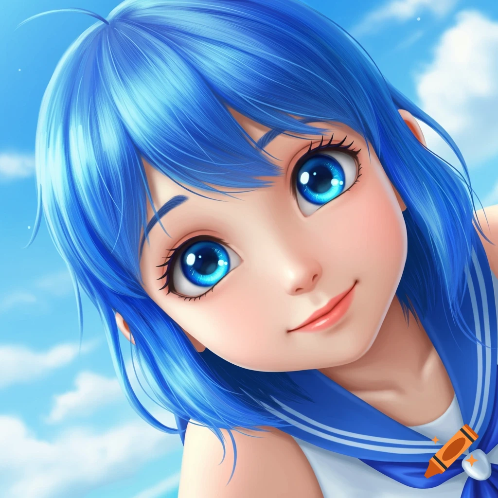 Close-up of a young anime girl with blue hair and eyes wearing a sailor collar, looking down