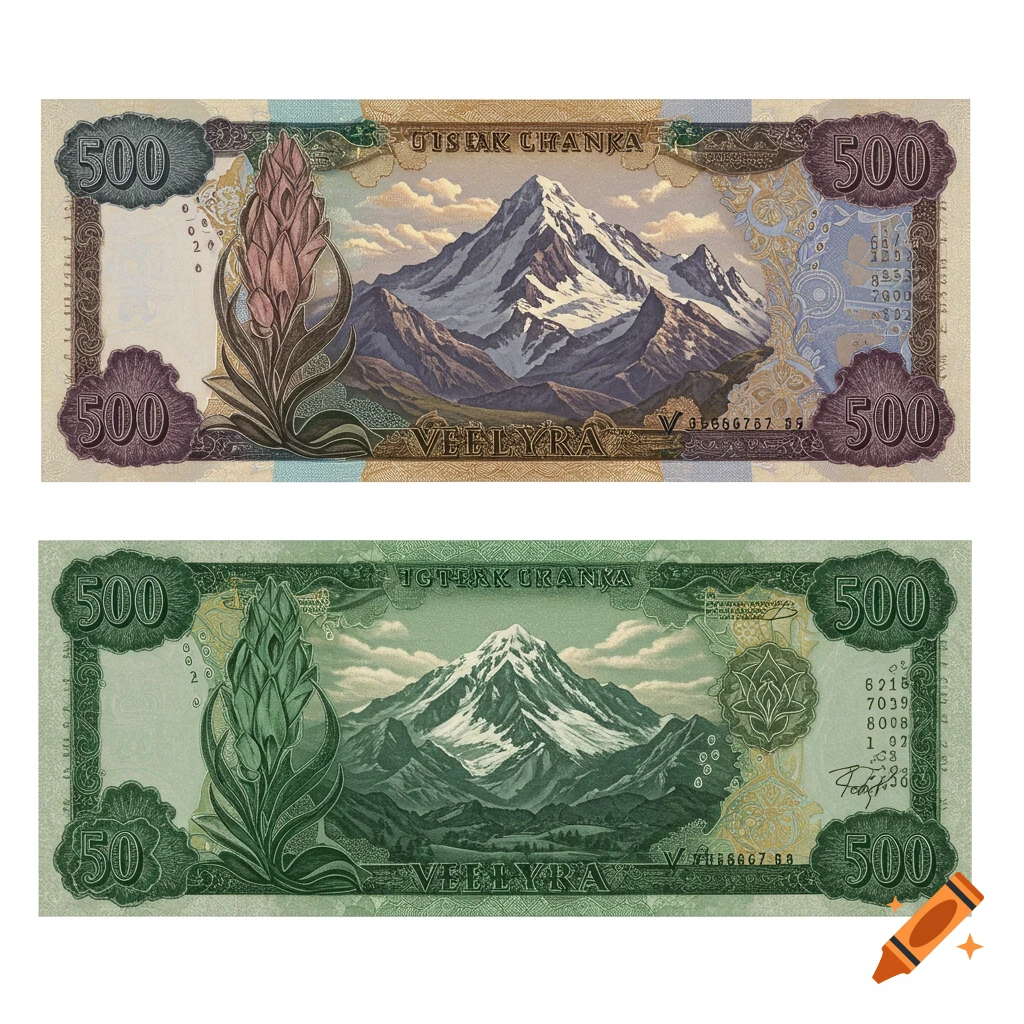 Two fantasy banknotes, one purple and one green, featuring mountains and ornate patterns.