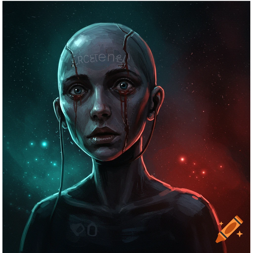 Concept art of a bald figure with wires, crying blood, against a red and teal background.