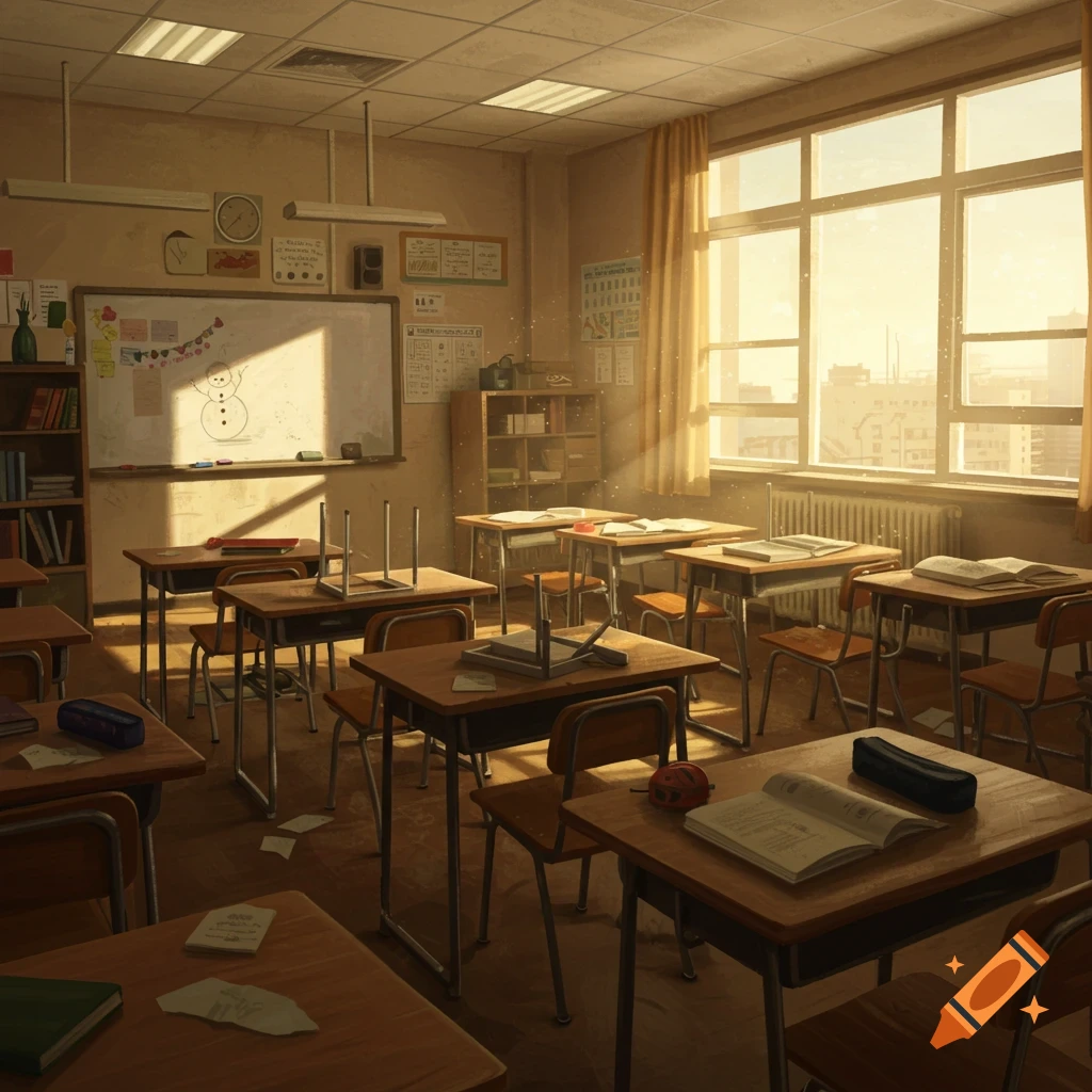 An empty classroom in anime style with sunlight streaming through a window.