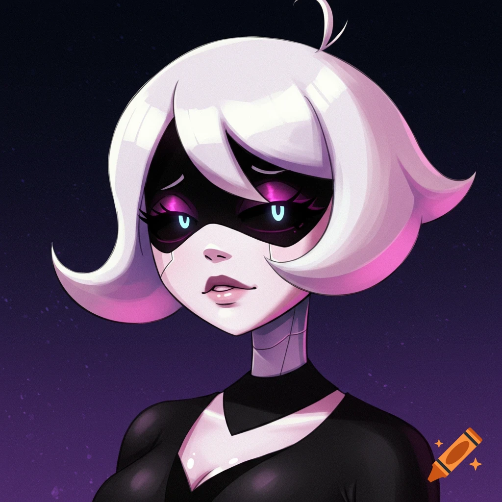 Stylized portrait of Uzi from Murder Drones with white hair, black mask, glowing eyes, and a black suit.