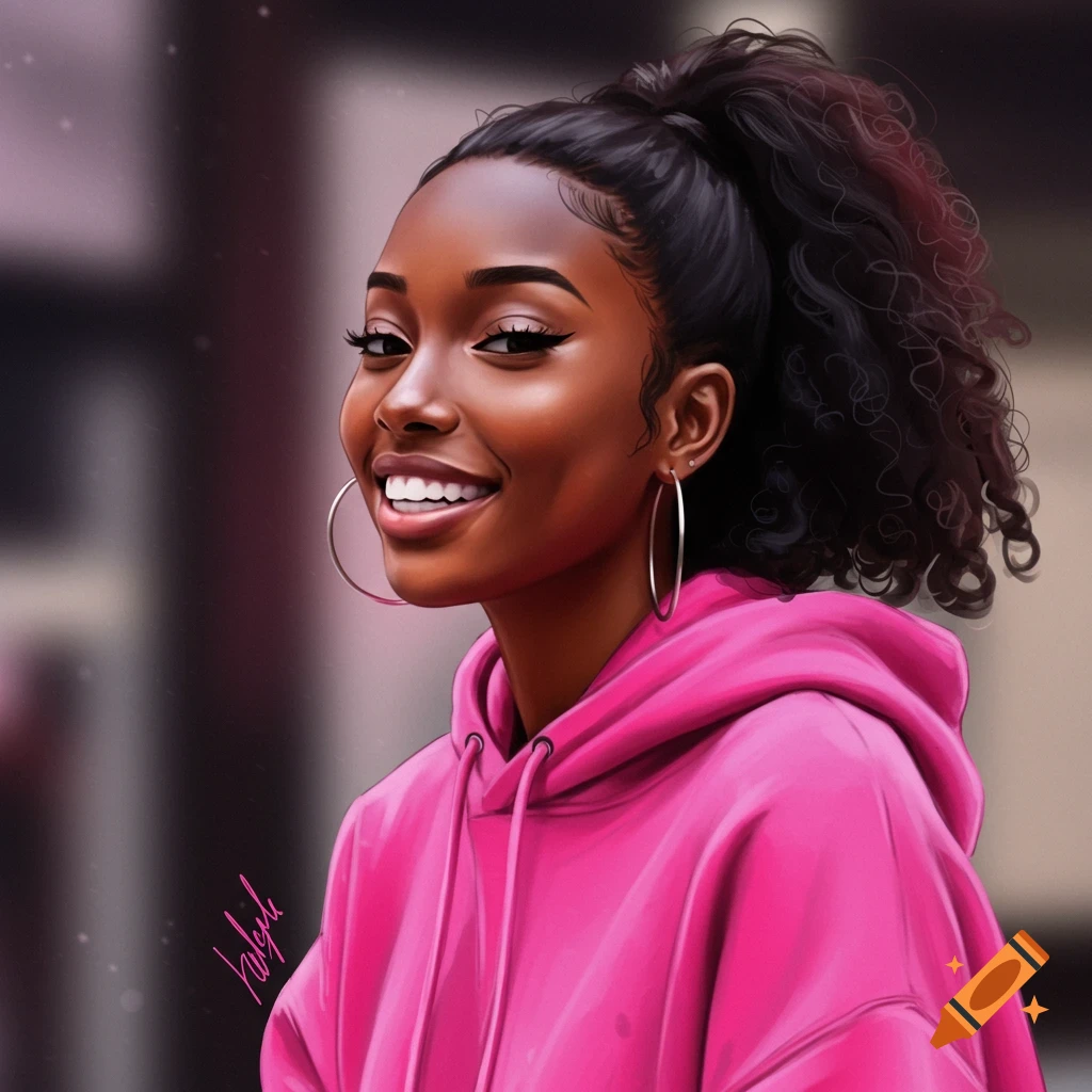 A smiling black woman in a pink hoodie with a ponytail and hoop earrings.