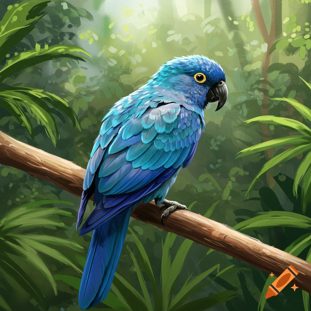 A blue parrot perches on a branch in a vibrant green forest.