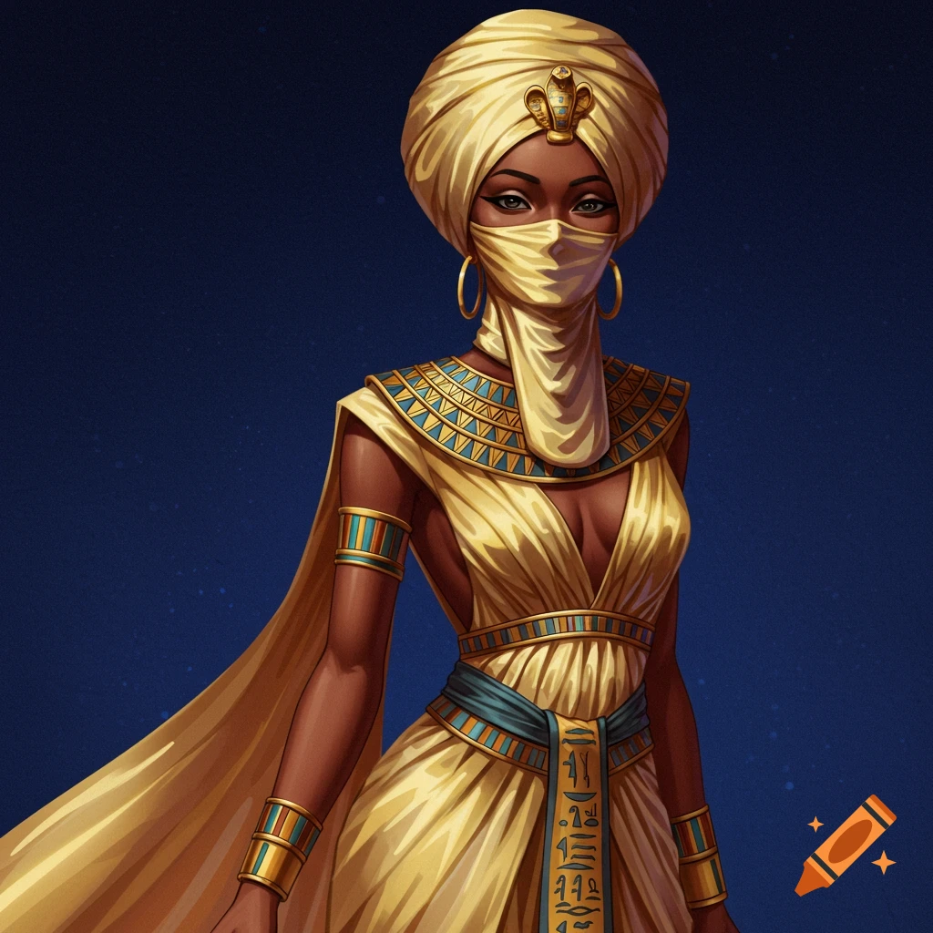 A woman in a golden Egyptian-style dress and turban.