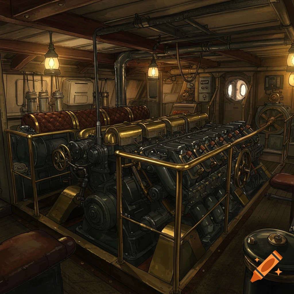 An antique boat engine room with a large engine, pipes, and lamps.