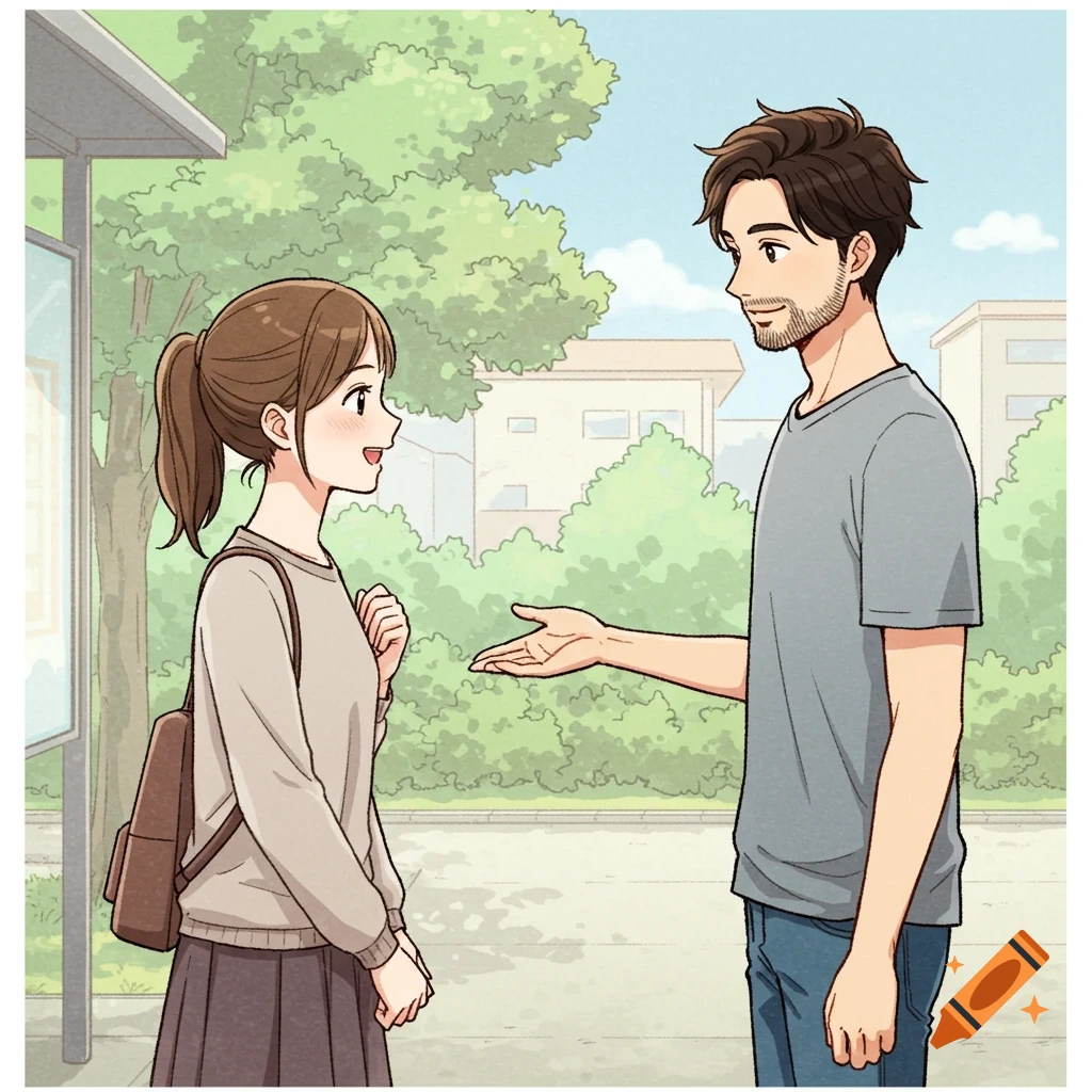 Illustration of a man and woman talking by a bus stop in anime style.