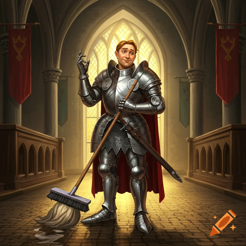 A knight in full armor stands holding a mop in a grand hall.