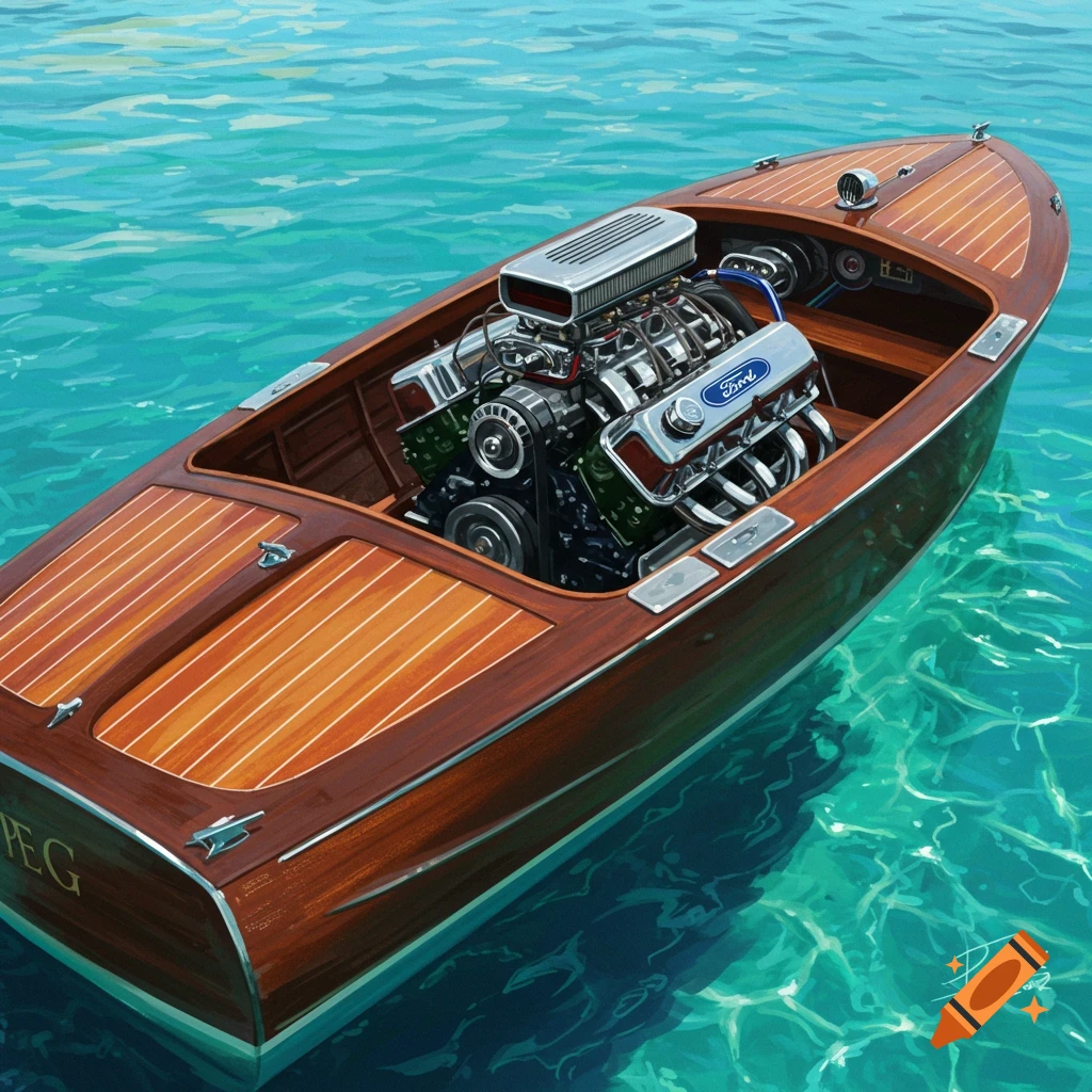 A classic wooden boat with a large Ford engine floats on clear water.