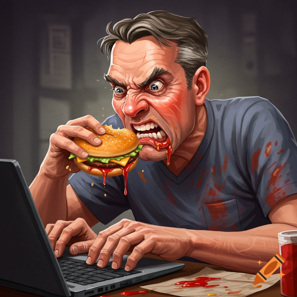 Stylized illustration of an angry man eating a burger while typing on a laptop.