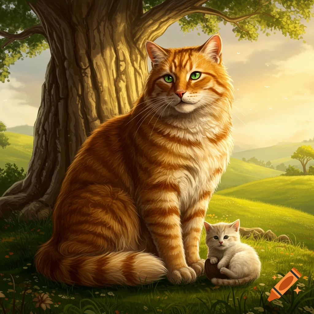 A large ginger tabby cat and a small white kitten are under a tree in a green landscape.