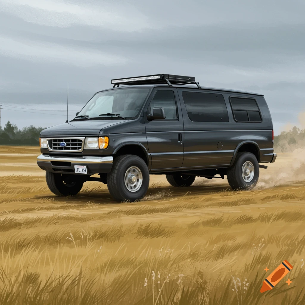 A grey van drives through a golden field kicking up dust.