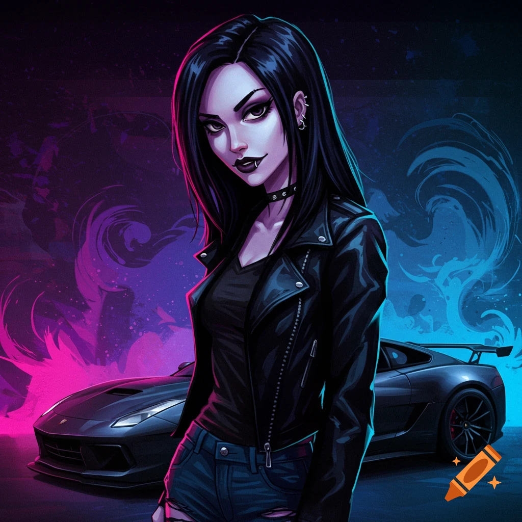 Gothic woman and a sports car with neon lights