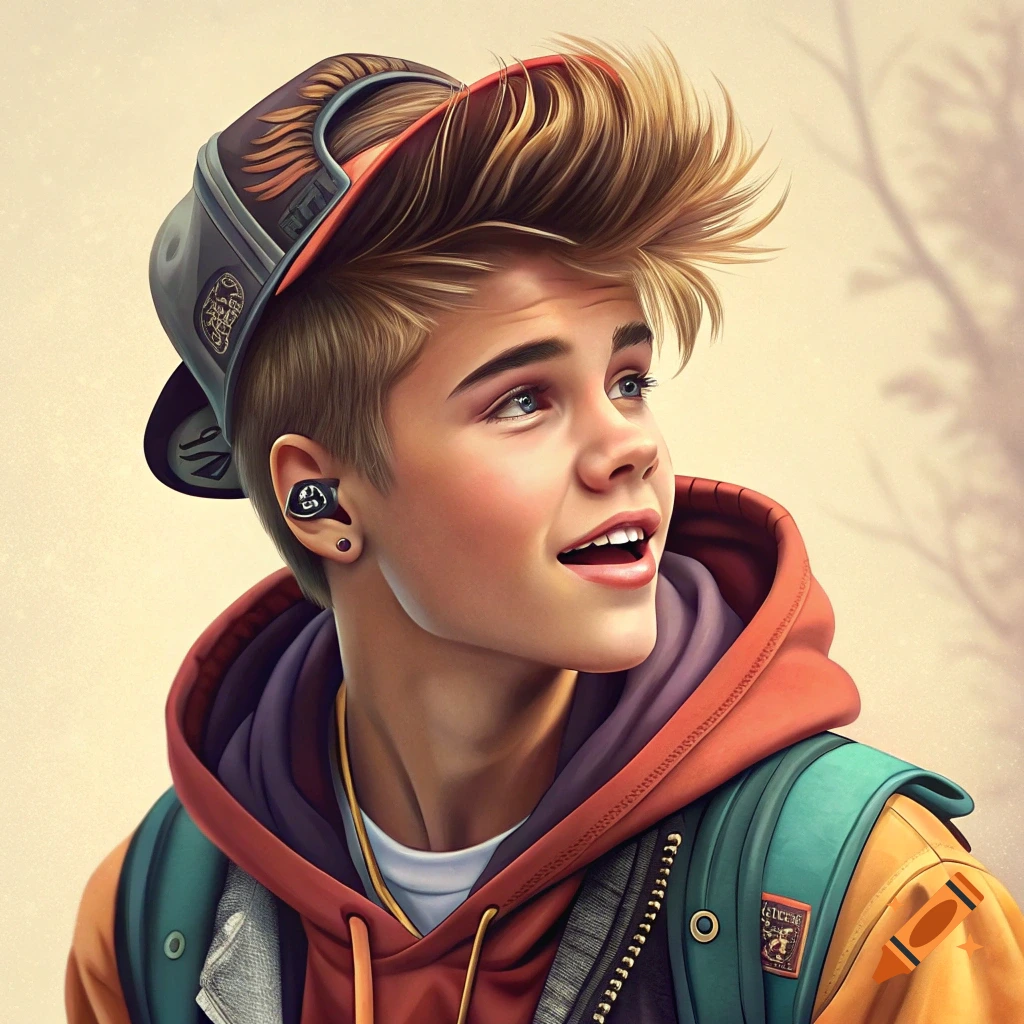 Stylized illustration of a young boy resembling Justin Bieber wearing a cap and backpack, looking upward.