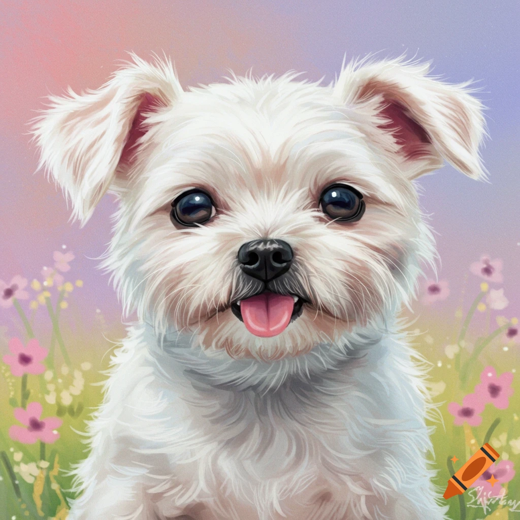 A white dog sticking its tongue out in a field of pink flowers.