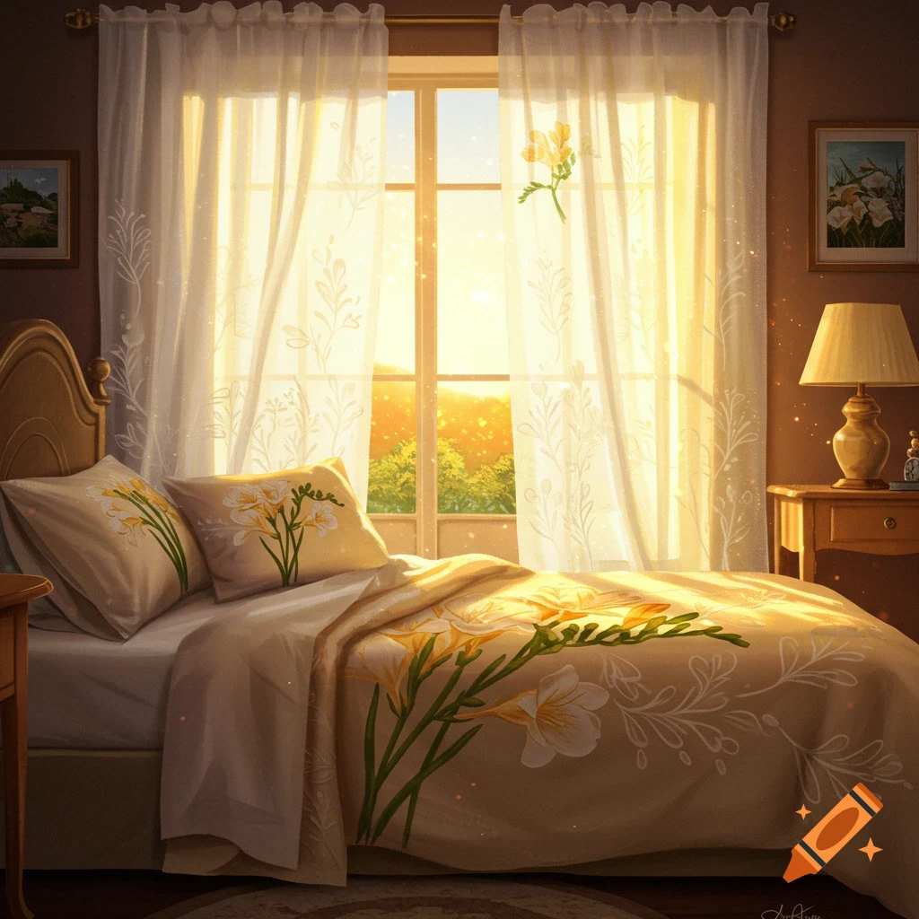 A sunlit bedroom with floral bedding and sheer curtains
