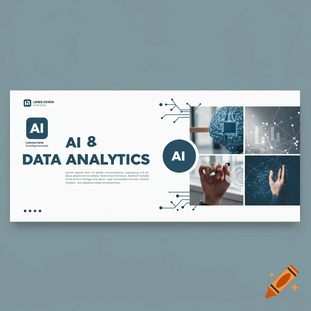 Graphic banner about AI & Data Analytics with text, brain, charts, and hand visuals.