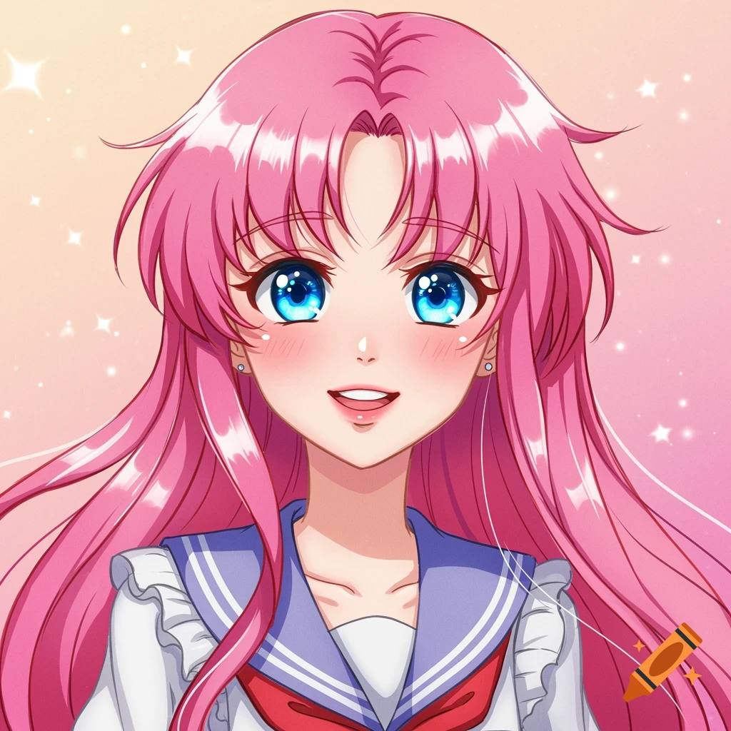 Anime portrait of a girl with long pink hair and blue eyes wearing a sailor uniform.