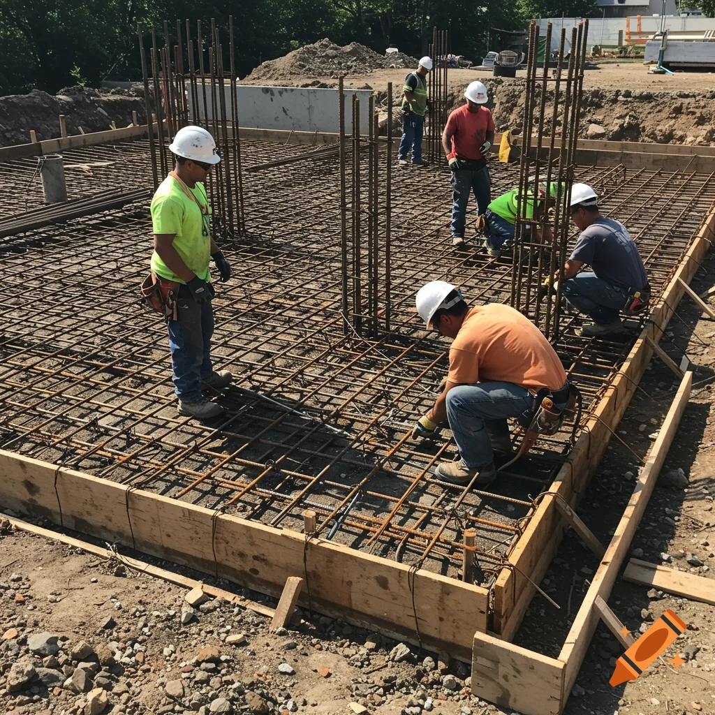Construction workers placing rebar for a concrete foundation
