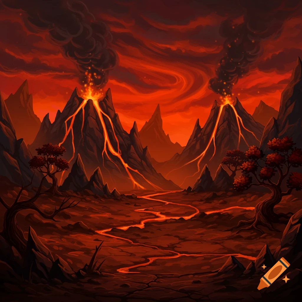 A dark, fiery fantasy landscape with erupting volcanoes, lava rivers, mountains, and sparse trees, in a digital drawing style.
