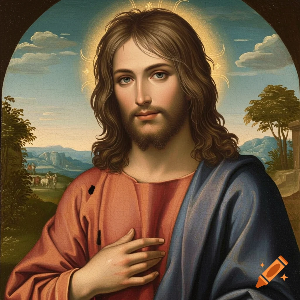 Oil painting portrait of Jesus Christ with hand on chest, set against a landscape background