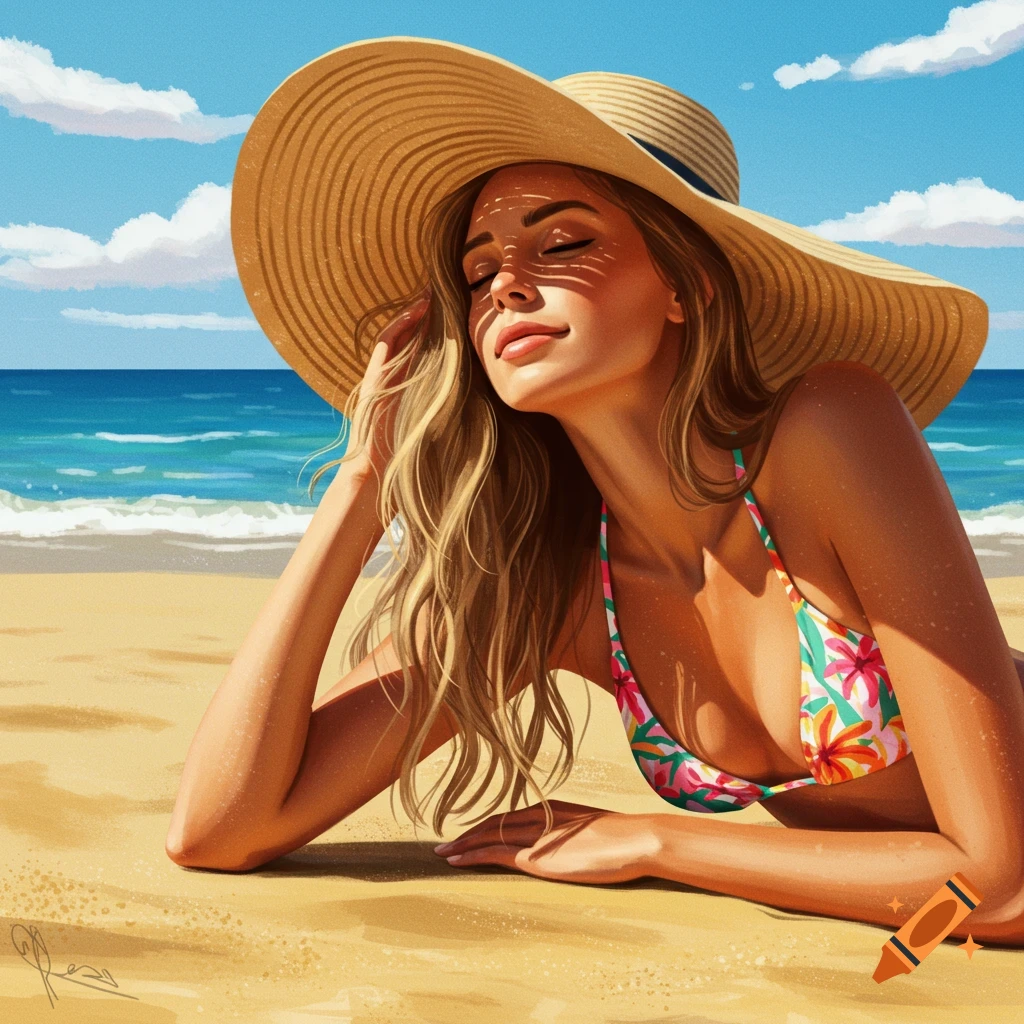 A woman in a sun hat and bikini is lying on a beach