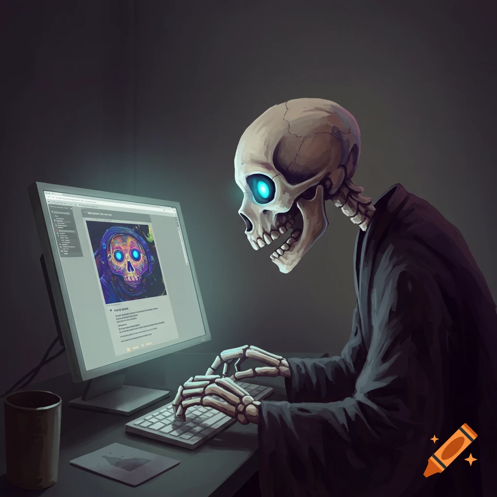 A skeleton with glowing blue eyes sits at a computer, typing on a keyboard.