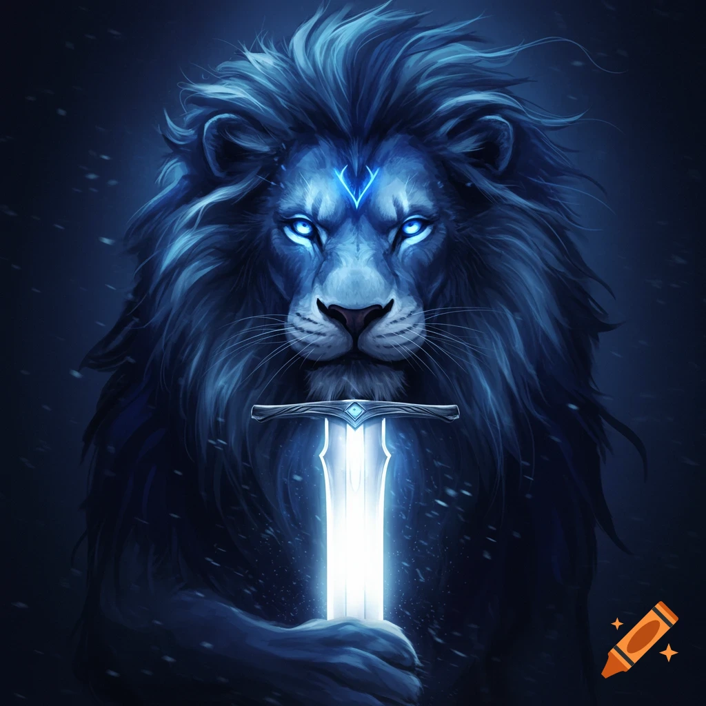 A blue lion holding a glowing sword.