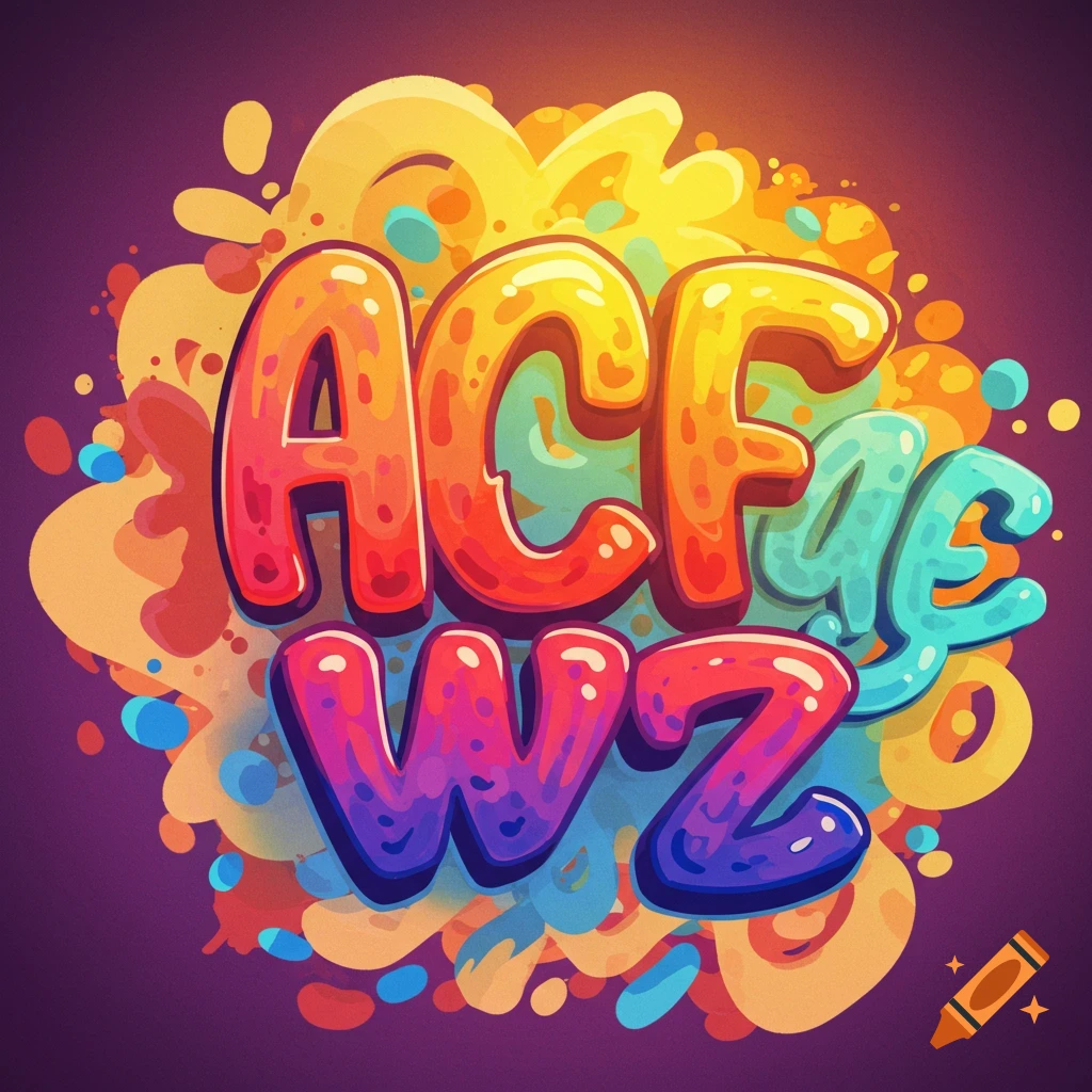 Colorful, bubbly letters ACFae WZ with abstract shapes.