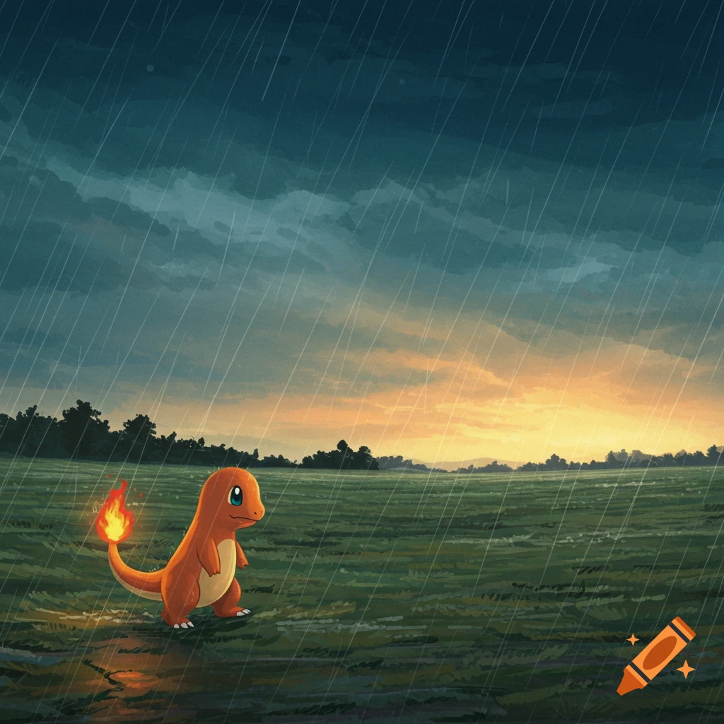 Charmander stands in a rainy field at sunset.